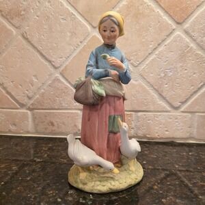 Vintage Lefton Porcelain Figurine Peasant Woman with Geese Farmhouse Decor Matte
